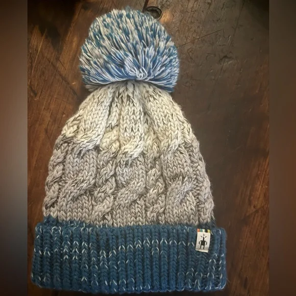 Blue and White Knit Beanie with Pom Pom - Picture 1 of 2